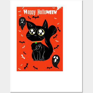 Happy Halloween - Orange and Black Big Eyed Cat Posters and Art